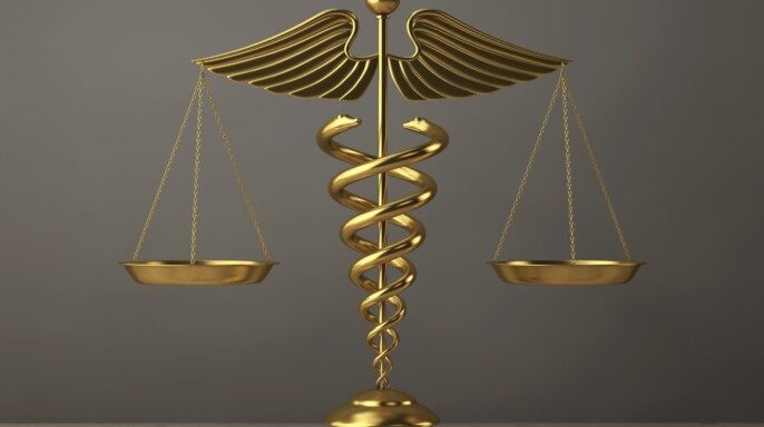 Concepto de justicia en salud una balanza con icoo de salud