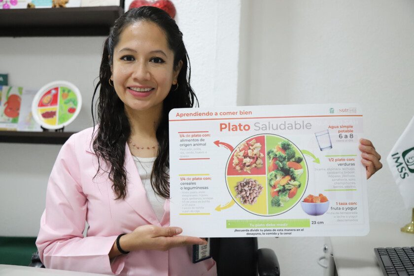 Licenciada en Nutrición, Itzel Valtierra Martínez, muestra ilustraci+on del Plato saludable