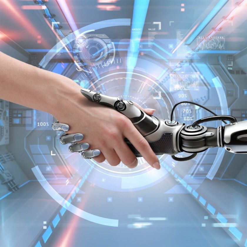 Concepto de comunicación cibernética mujer sostiene la mano de un robot