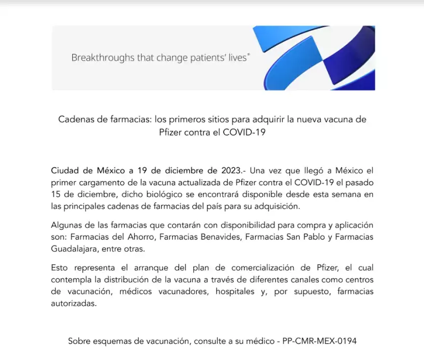 vacuna actualizada contra el COVID-19 de Pfizer en México